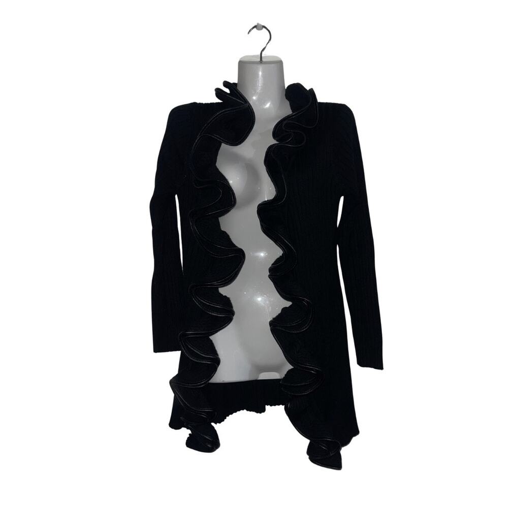 Metric Open Front Ruffle Knit Ribbed Cardigan Hook Eye Closure SZ L Witchy Chic